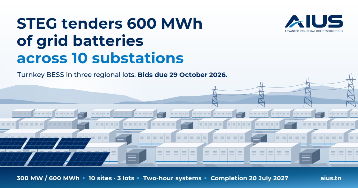 STEG battery energy storage tender: 300 MW / 600 MWh across 10 substations, bids due 29 October 2026